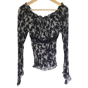 Vintage Guess Floral Semi-Sheer Bell Sleeve Peasant Blouse Black & White M